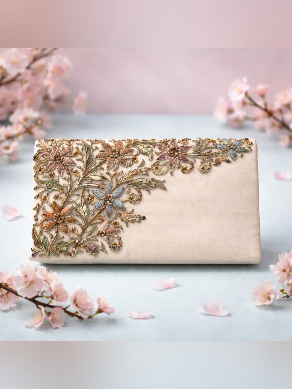 Embroidered Floral Ivory Clutch with Multicolor Accents